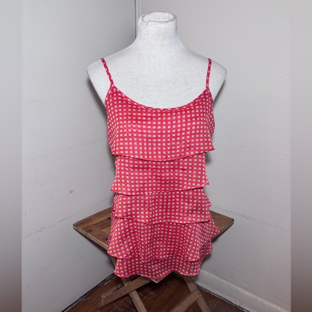 New York & Company Checkered Tiered Ruffle Blouse